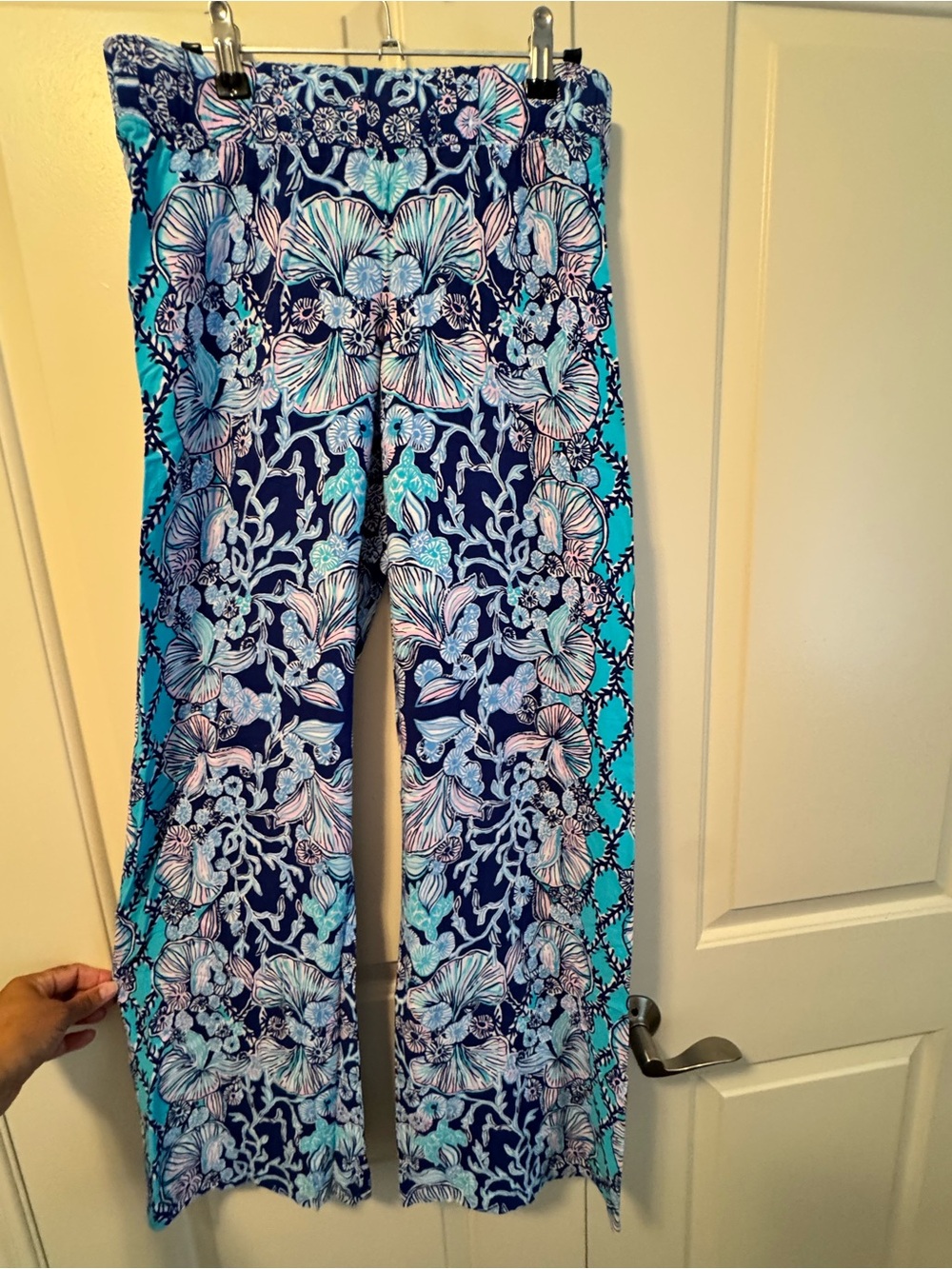 Lilly Pulitzer Navy & Aqua Floral Wide-Leg Palazzo Pants ‘Lorena Breezy’